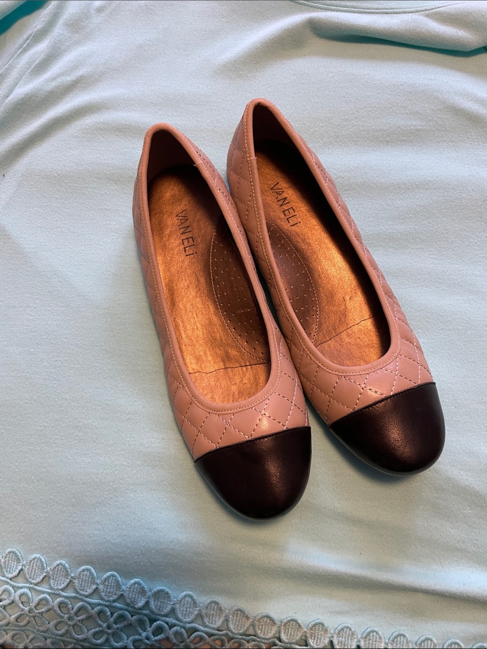 Vaneli Quilted tan or cream Ballet Flats with Black Cap Toe